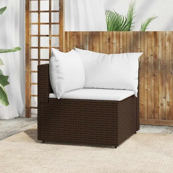 Hjørnemodul til havesofa i brun polyrattan med hynder