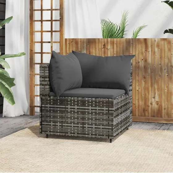 Hjørnemodul til havesofa i grå polyrattan med hynder