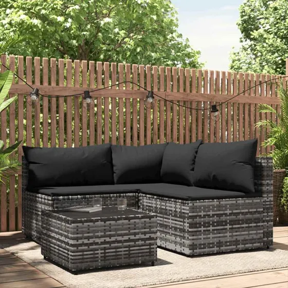 Loungesæt til haven 4 dele i grå polyrattan med hynder
