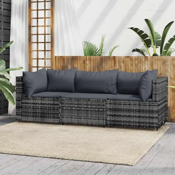 Loungesæt havemøbler 3 dele med hynder — grå polyrattan