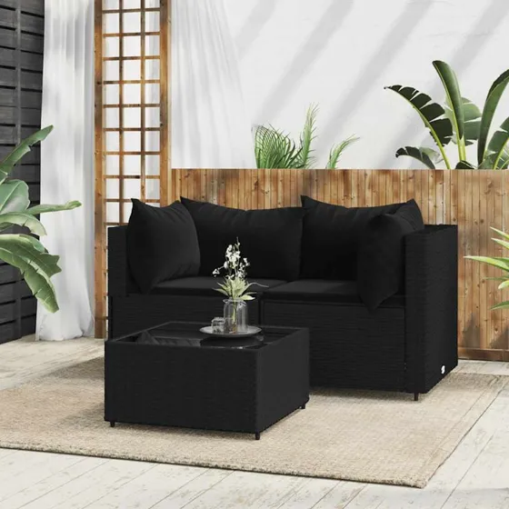 Loungesæt til haven 3 dele i sort polyrattan med hynder