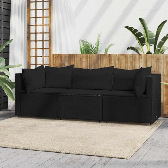 Loungesæt 3 dele i sort polyrattan med hynder