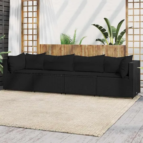 Loungesæt til haven 4 dele i sort polyrattan med hynder