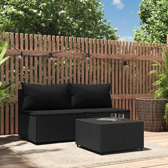 Loungesæt i polyrattan 3 dele med hynder – sort