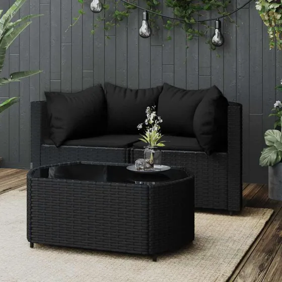 Loungesæt 3 dele i sort polyrattan med hynder