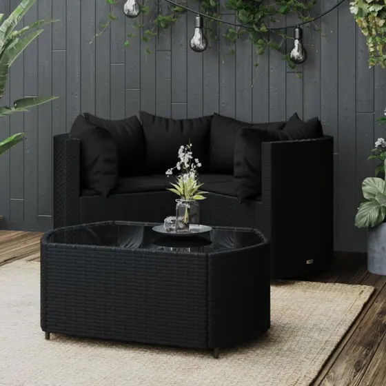 Sort 4-dele loungesæt i polyrattan med hynder
