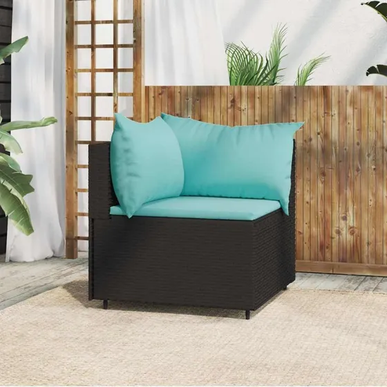Hjørnemodul til havesofa i sort polyrattan med hynde