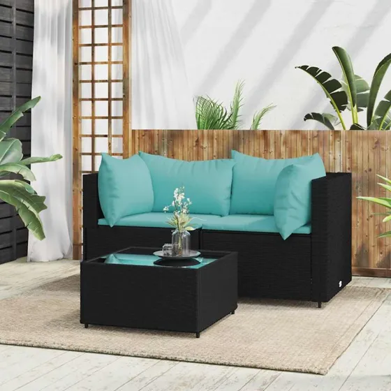 Loungesæt til haven 3 dele i sort polyrattan med hynder
