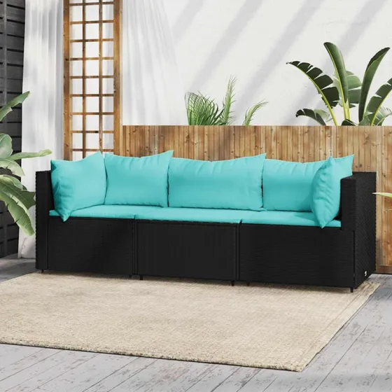 Loungesæt 3-dele i sort polyrattan med hynder