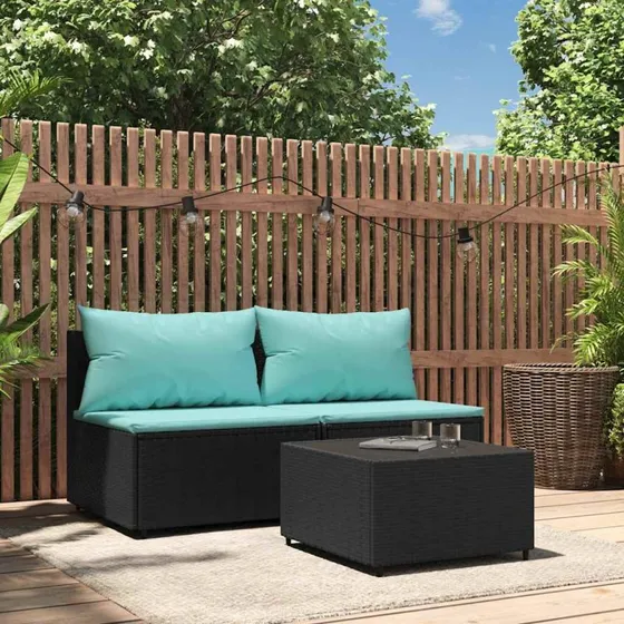 Loungesæt til haven 3 dele i sort polyrattan med hynder