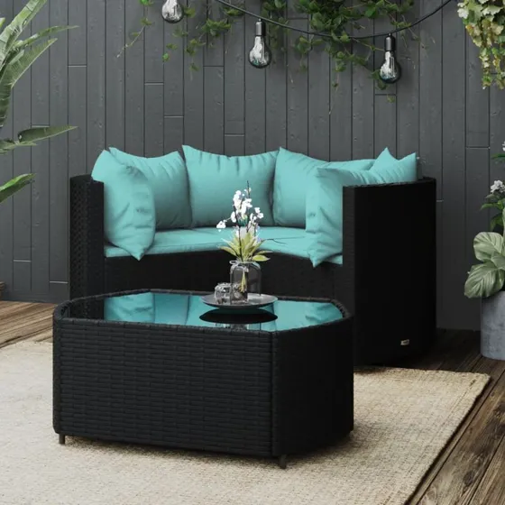 Loungesæt 4 dele i sort polyrattan med hynder