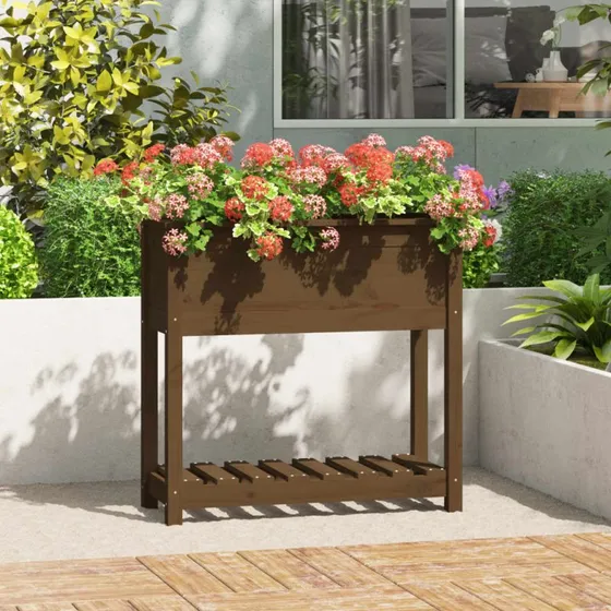 Plantekasse i massivt fyrretræ med hylde 82,5x34,5x81 cm
