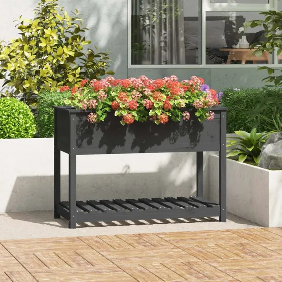 Plantekasse med hylde i massivt fyrretræ 111,5×54×81 cm (grå)