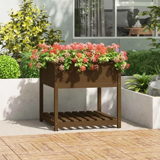 Plantekasse med hylde i massivt fyrretræ 82,5x82,5x81 cm