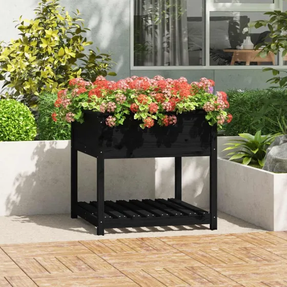 Plantekasse med hylde i massivt fyrretræ 82,5x82,5x81 cm
