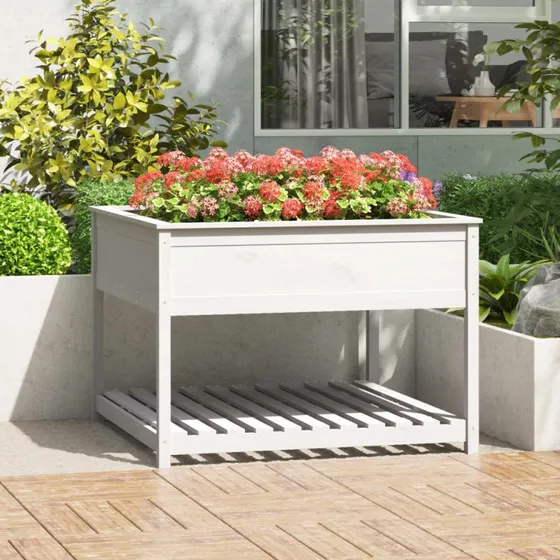 Plantekasse med hylde 111,5x111,5x81 cm - hvid fyrretræ