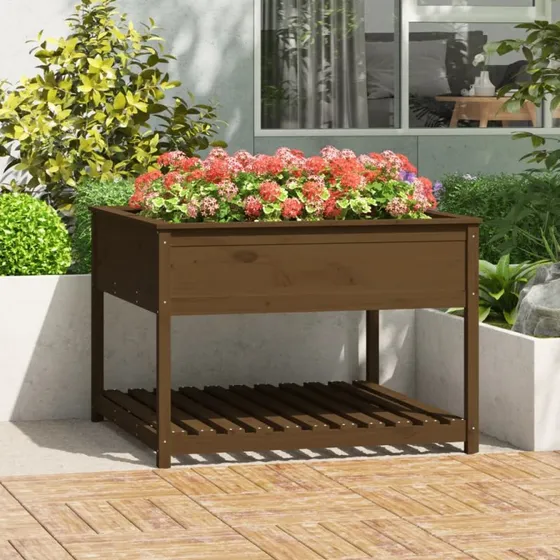 Plantekasse i massivt fyrretræ med hylde 111,5x111,5x81 cm