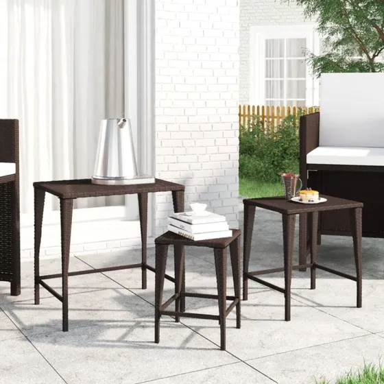 Indskudsborde 3 stk. i polyrattan, brun