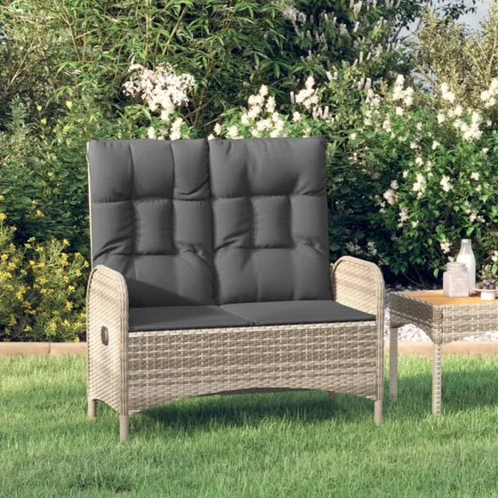 Havebænk 107 cm med lænefunktion og hynder – grå polyrattan