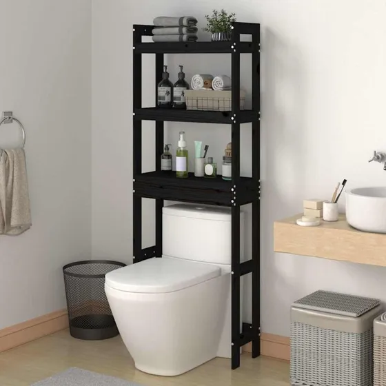 Toiletstativ i massivt fyrretr 63x26x171 cm - sort