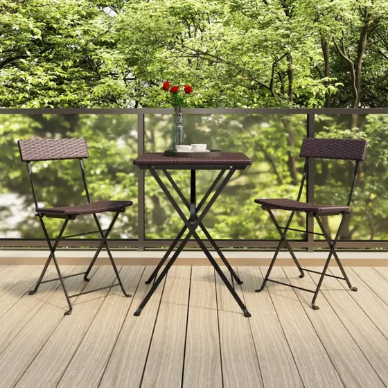 Foldbart bistrosæt 3 dele - brun polyrattan