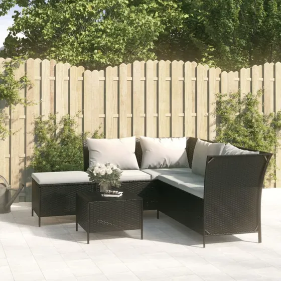 Loungesæt 4 dele i sort polyrattan med hynder