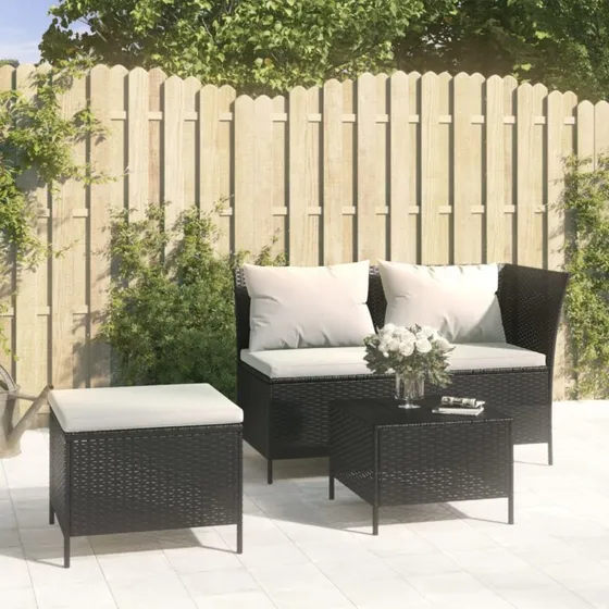 Loungesæt 3 dele i sort polyrattan med hynder