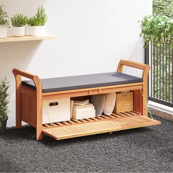 Opbevaringsbænk i massivt akacietræ med hynde 126 cm