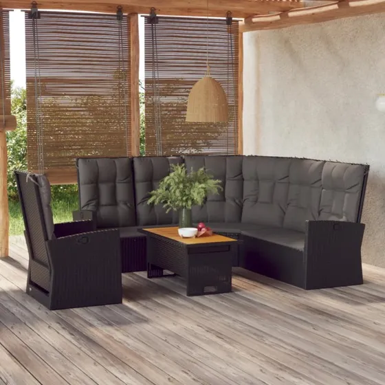 Loungesæt til haven 3 dele i sort polyrattan med hynder