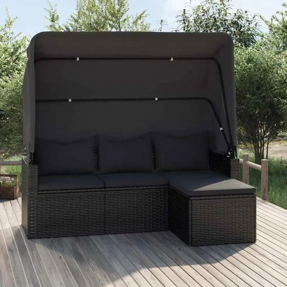 3-personers polyrattan havesofa med tag og fodskammel, sort