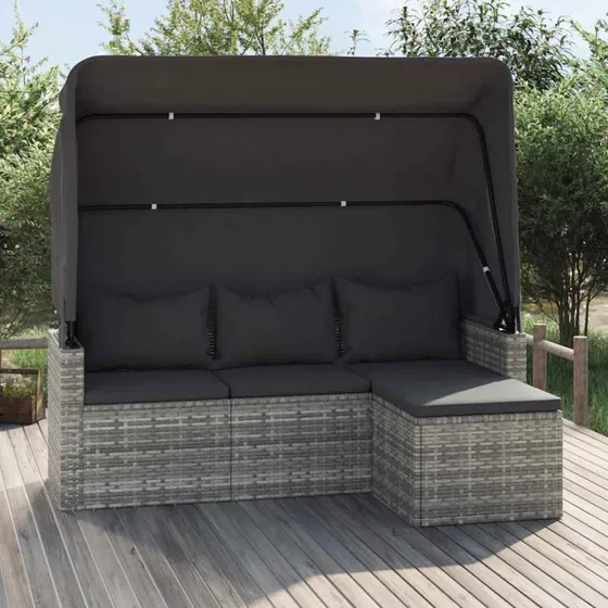 3-personers havesofa i polyrattan med tag og fodskammel, grå