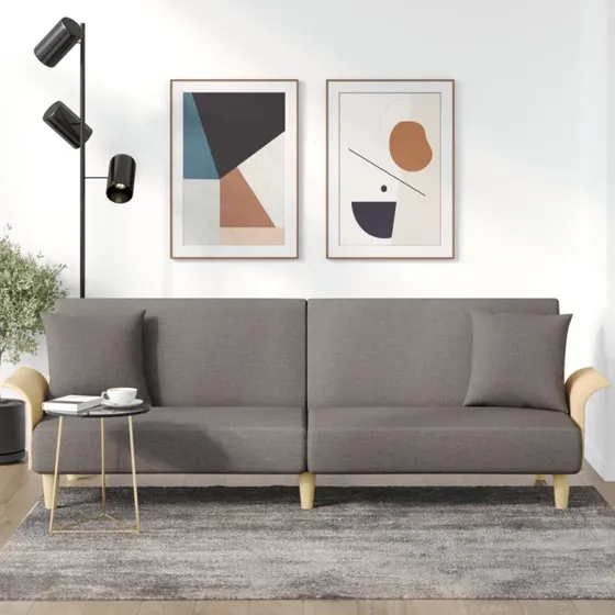 Sovesofa i stof gråbrun med armlæn