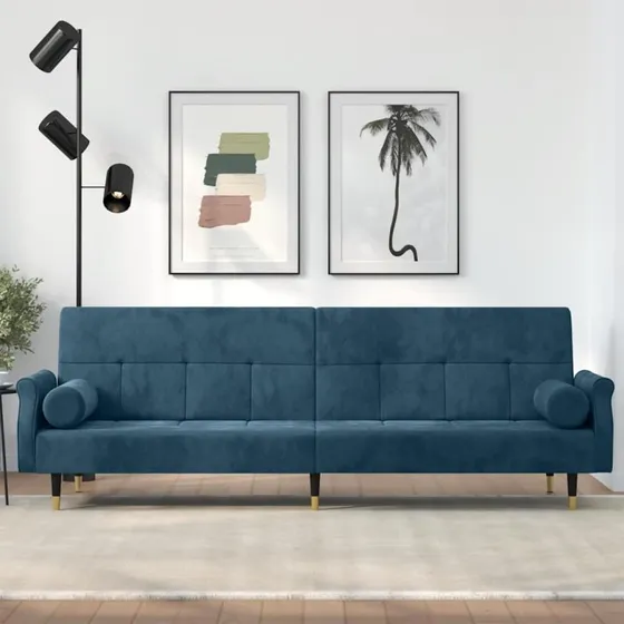 Velour sovesofa med hynder – blå, justerbart ryglæn