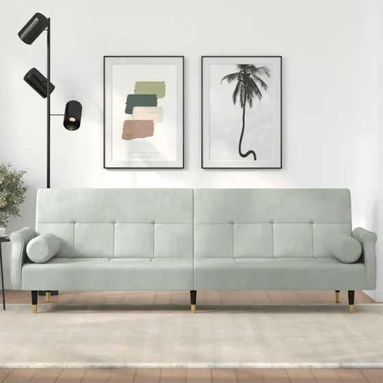 Velour sovesofa med hynder - lysegrå
