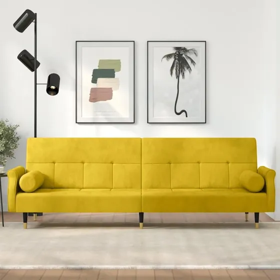 Velour sovesofa med hynder, gul – komfortabel & justerbar