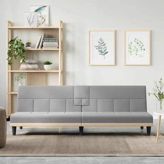 Sovesofa med kopholdere i lysegråt stof