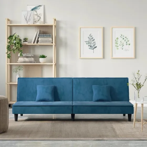 Blå sovesofa i velour med justerbart ryglæn