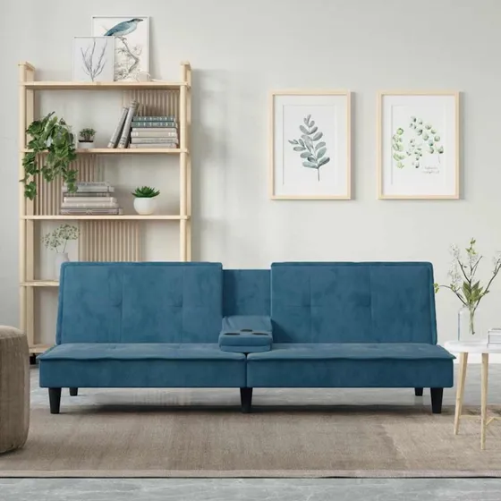Sovesofa i blå velour med kopholdere