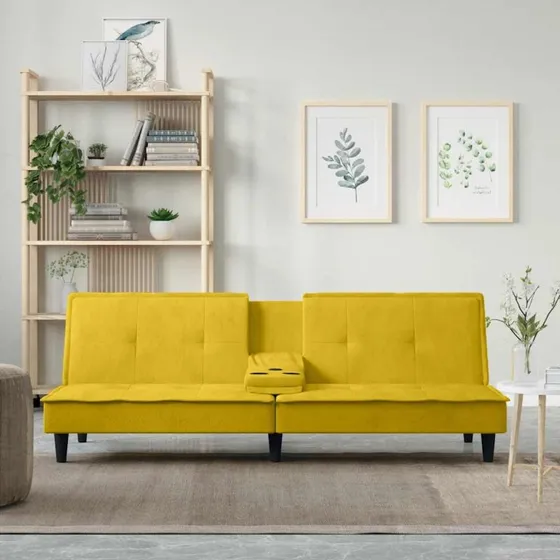 Velour sovesofa med kopholdere i gul