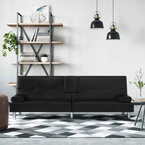 Sovesofa i sort kunstlæder med kopholdere