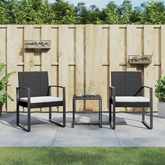 Spisebordssæt til haven 3 dele i sort polyrattan med hynder