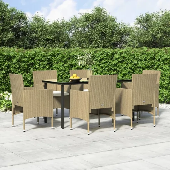 Havemøbelsæt 7 dele i polyrattan med hynder – beige/sort
