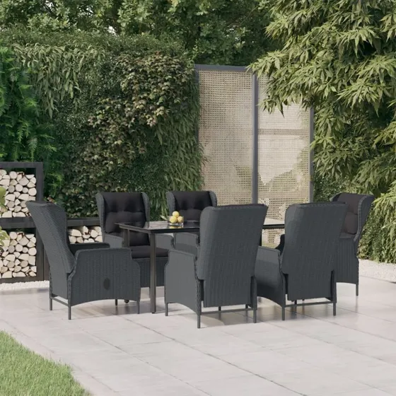 Spisebordssæt til haven 7 dele i mørkegrå polyrattan