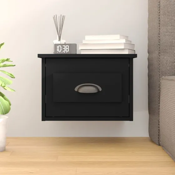 Væghængt sengebord 41,5x36x28 cm – sort, med skuffe