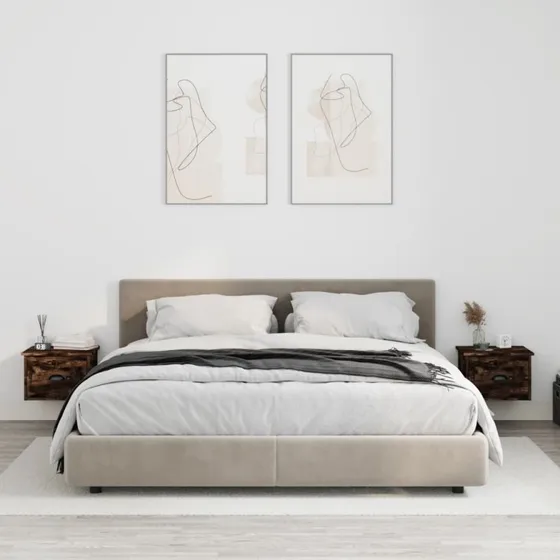 Væghængte sengeborde 2 stk. – røget egetræ 41,5x36x28 cm