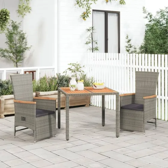 Spisebordssæt til haven 3 dele i grå polyrattan