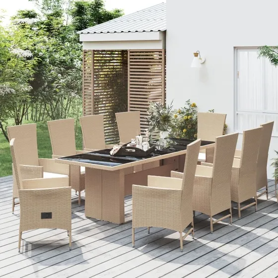 Spisebordssæt i polyrattan 11 dele med hynder - beige