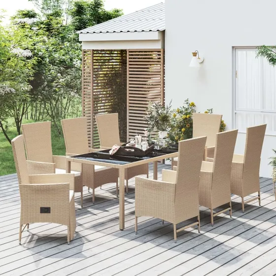 Havesæt 9 dele i beige polyrattan med hynder
