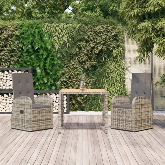 Spisebordssæt til haven 3 dele i grå polyrattan