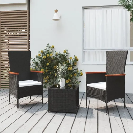 Loungesæt til haven 3 dele i sort polyrattan og stål